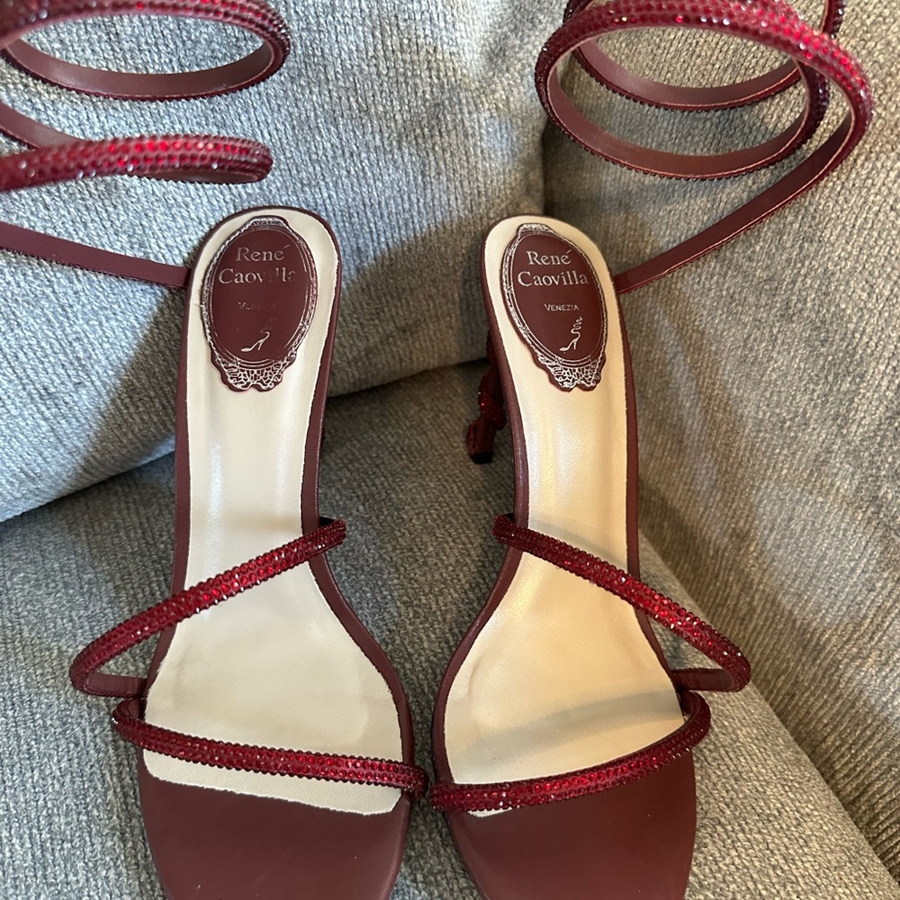 Rene Caovilla Burgundy Red Strappy Crystal Wrap Sandals - Picture 4 of 16